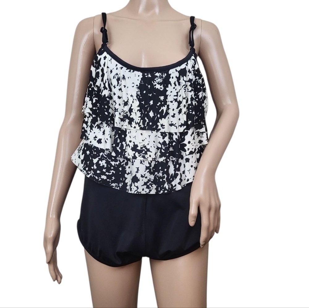 Maxine of Hollywood Bathing Suit Swimwear Black White Floral